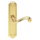 DL351pb polished brass latch handle on short plate   (180mm x 48mm)