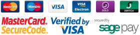 Credit Cards taken: Mastercards, Maestro, Visa, Visa Electron, Solo, Switch. MasterCard CedureCode, Verified by VISA, secured by SagePay