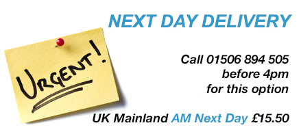 Next day delivery call 01506 467730 before 4pm for this option. UK Mainland next day from £15.50